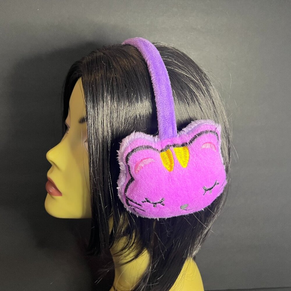 Adorable Purple Smiling Cat Face Girls Winter Accessory Headband Plush Earmuffs